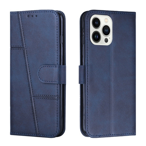 iPhone 15 Pro Max Stitching Calf Texture Buckle Leather Phone Case - Blue