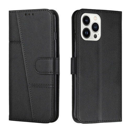 iPhone 15 Pro Max Stitching Calf Texture Buckle Leather Phone Case - Black