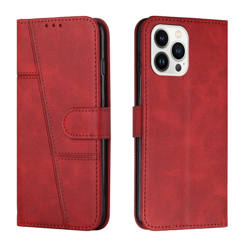 iPhone 15 Pro Max Stitching Calf Texture Buckle Leather Phone Case - Red