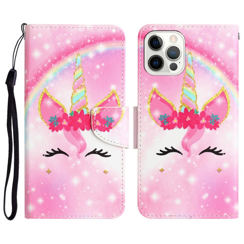 iPhone 15 Pro Max Colored Drawing Leather Phone Case - Unicorn