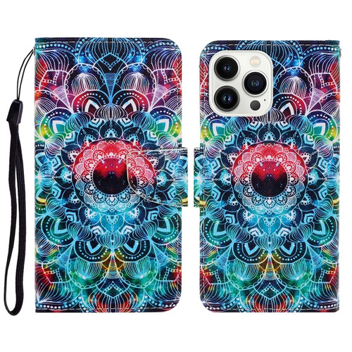 iPhone 15 Pro Max 3D Colored Drawing Flip Leather Phone Case - Mandala