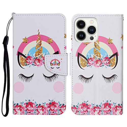 iPhone 15 Pro Max 3D Colored Drawing Flip Leather Phone Case - Crown Unicorn