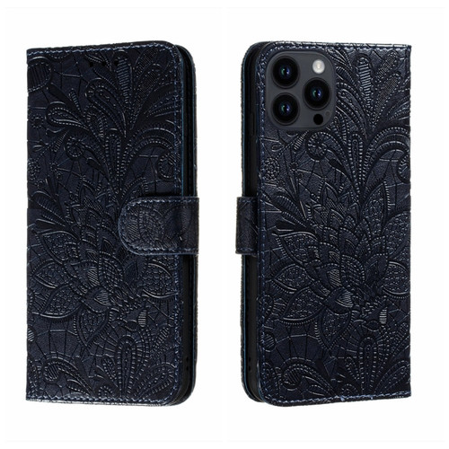 iPhone 15 Pro Max Lace Flower Embossing Flip Leather Phone Case - Dark Blue