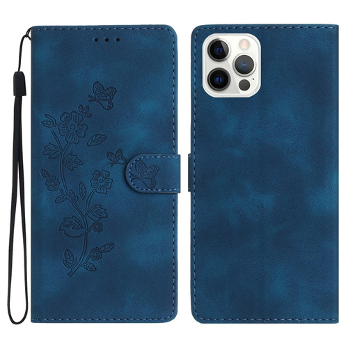 iPhone 15 Pro Max Flower Butterfly Embossing Pattern Leather Phone Case - Blue