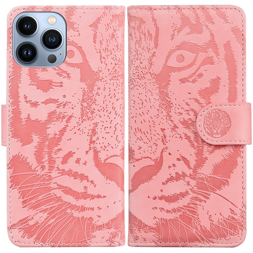 iPhone 15 Pro Max Tiger Embossing Pattern Leather Phone Case - Pink