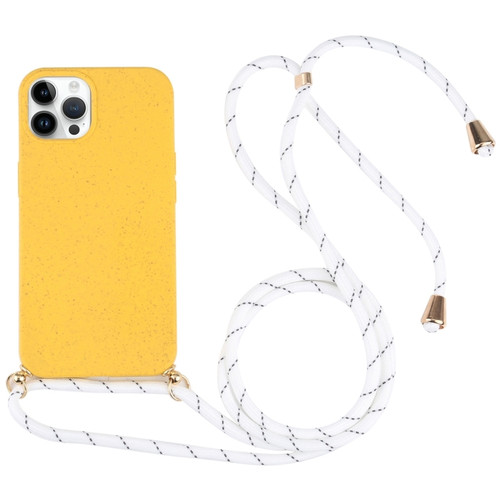 iPhone 15 Pro Max Wheat Straw TPU Shockproof Phone Case with Neck Lanyard - Yellow