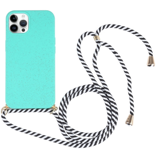 iPhone 15 Pro Max Wheat Straw TPU Shockproof Phone Case with Neck Lanyard - Green