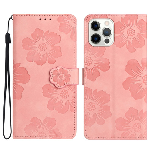 iPhone 15 Pro Max Flower Embossing Pattern Leather Phone Case - Pink