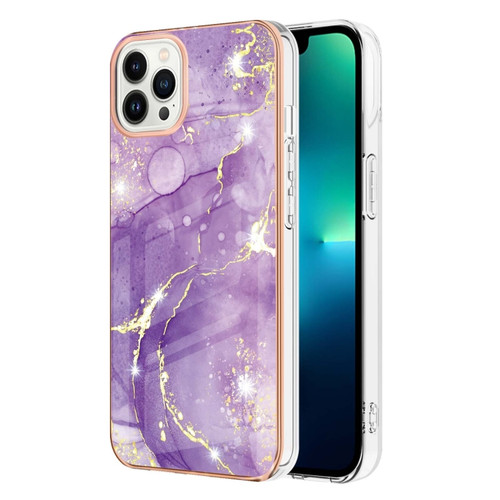 iPhone 15 Pro Max Electroplating Marble Pattern Dual-side IMD TPU Shockproof Phone Case - Purple 002