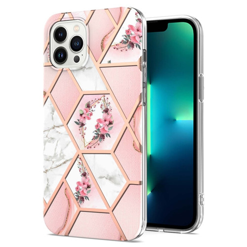 iPhone 15 Pro Max Electroplating Splicing Marble Flower Pattern TPU Shockproof Case - Pink Flower