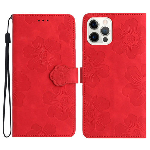 iPhone 15 Pro Max Flower Embossing Pattern Leather Phone Case - Red