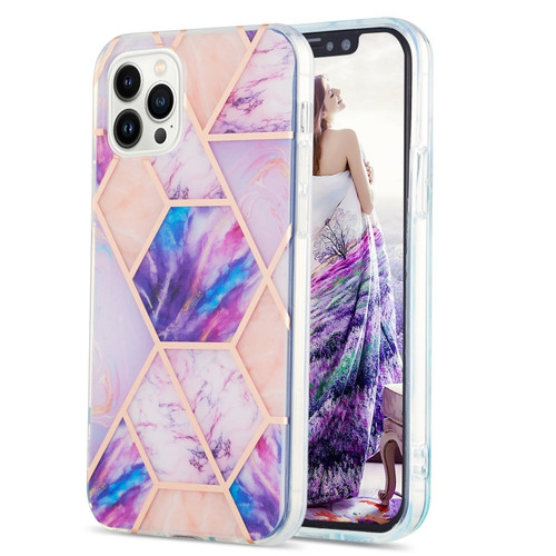 iPhone 15 Pro Max Electroplating Splicing Marble Flower Pattern Dual-side IMD TPU Shockproof Phone Case - Light Purple
