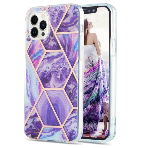 iPhone 15 Pro Max Electroplating Splicing Marble Flower Pattern Dual-side IMD TPU Shockproof Phone Case - Dark Purple