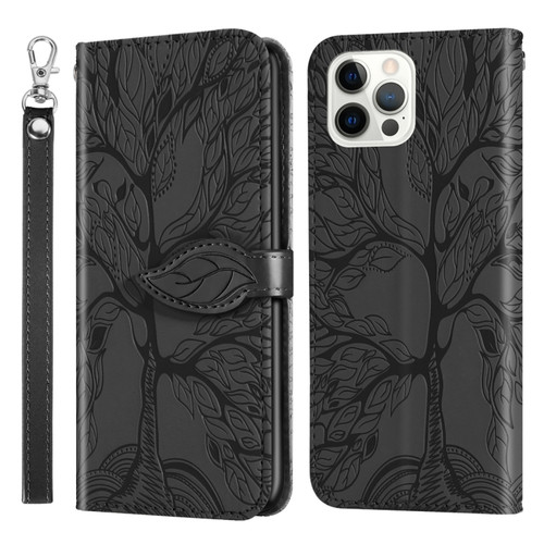 iPhone 15 Pro Max Life Tree Embossing Pattern Leather Phone Case - Black