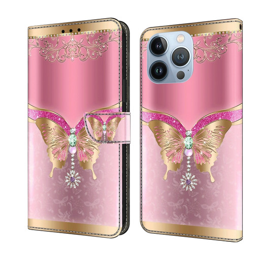 iPhone 15 Pro Max Crystal 3D Shockproof Protective Leather Phone Case - Pink Bottom Butterfly