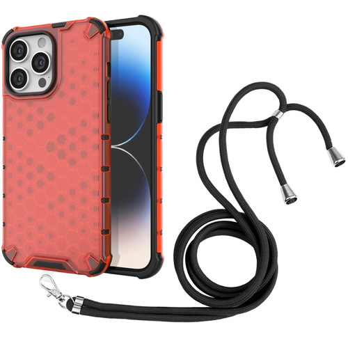 iPhone 15 Pro Max Lanyard Honeycomb Phone Case - Red