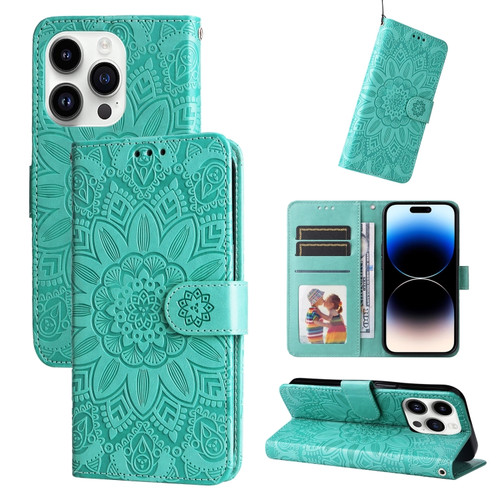 iPhone 15 Pro Max Embossed Sunflower Leather Phone Case - Green