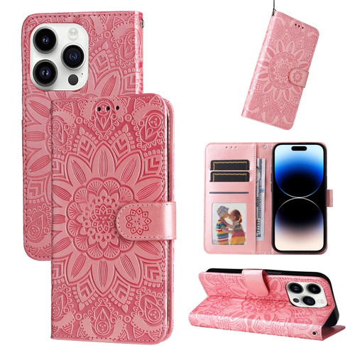 iPhone 15 Pro Max Embossed Sunflower Leather Phone Case - Pink