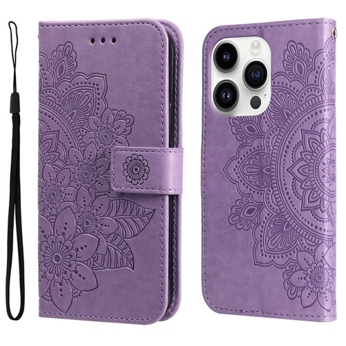 iPhone 15 Pro Max 7-petal Flowers Embossing Leather Phone Case - Light Purple