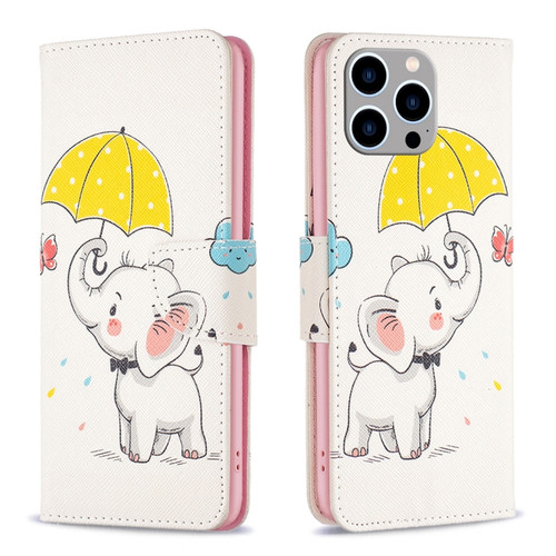 iPhone 15 Pro Max Colored Drawing Pattern Flip Leather Phone Case - Umbrella Elephant