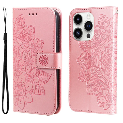 iPhone 15 Pro Max 7-petal Flowers Embossing Leather Phone Case - Rose Gold