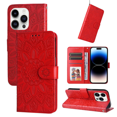 iPhone 15 Pro Max Embossed Sunflower Leather Phone Case - Red