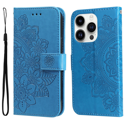 iPhone 15 Pro Max 7-petal Flowers Embossing Leather Phone Case - Blue