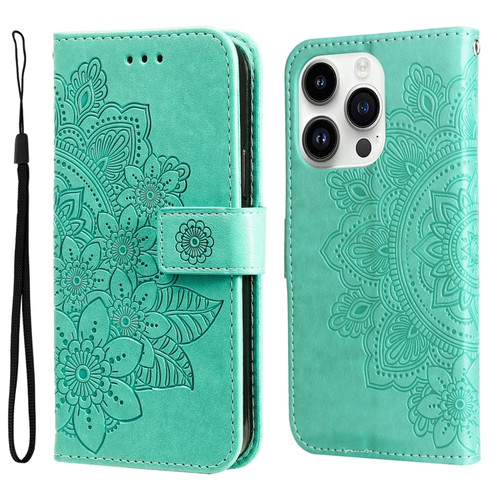 iPhone 15 Pro Max 7-petal Flowers Embossing Leather Phone Case - Green