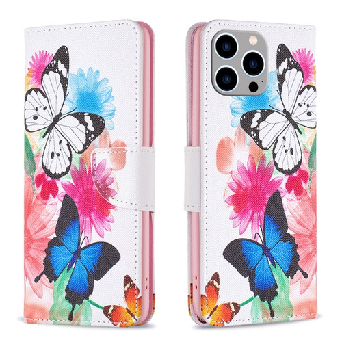 iPhone 15 Pro Max Colored Drawing Pattern Leather Phone Case - Butterflies