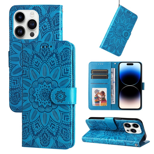 iPhone 15 Pro Max Embossed Sunflower Leather Phone Case - Blue