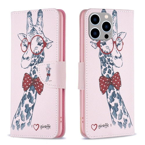 iPhone 15 Pro Max Colored Drawing Pattern Leather Phone Case - Giraffe