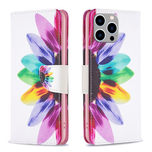 iPhone 15 Pro Max Colored Drawing Pattern Leather Phone Case - Sun Flower