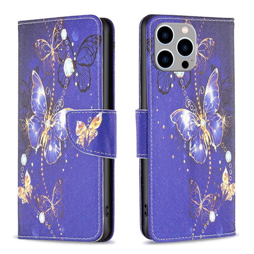 iPhone 15 Pro Max Colored Drawing Pattern Flip Leather Phone Case - Purple Butterfly