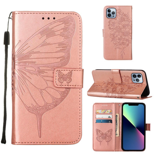 iPhone 15 Pro Max Embossed Butterfly Leather Phone Case - Rose Gold
