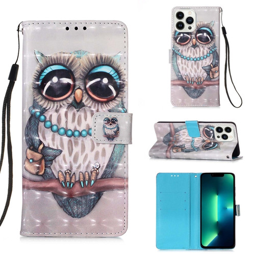 iPhone 15 Pro Max 3D Painting Horizontal Flip Leather Phone Case - Grey Owl