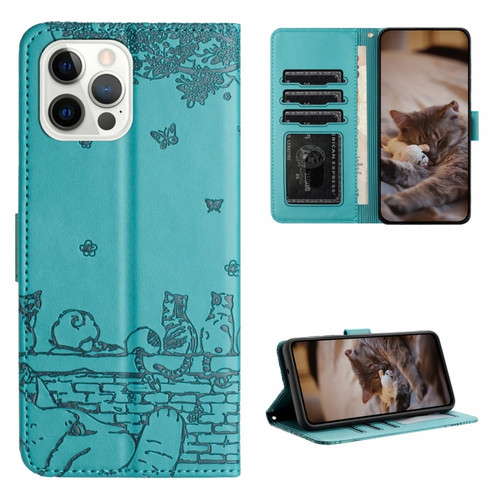 iPhone 15 Pro Max Cat Embossing Pattern Leather Phone Case with Lanyard - Blue