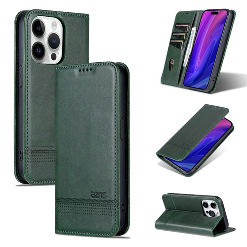 iPhone 15 Pro Max AZNS Magnetic Calf Texture Flip Leather Phone Case - Dark Green