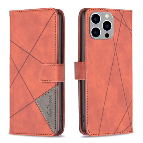 iPhone 15 Pro Max Magnetic Buckle Rhombus Texture Leather Phone Case - Brown