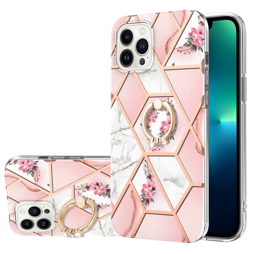 iPhone 15 Pro Max Electroplating Splicing Marble Flower Pattern TPU Shockproof Case with Rhinestone Ring Holder - Pink Flower
