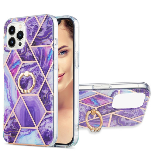 iPhone 15 Pro Max Electroplating Splicing Marble Pattern IMD TPU Shockproof Case with Ring Holder - Dark Purple