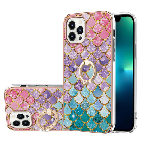 iPhone 15 Pro Max Electroplating Pattern IMD TPU Shockproof Case with Rhinestone Ring Holder - Colorful Scales