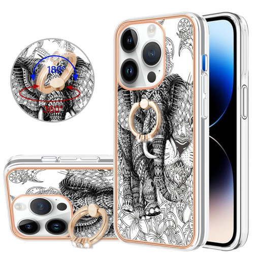 iPhone 15 Pro Max Electroplating Dual-side IMD Phone Case with Ring Holder - Totem Elephant