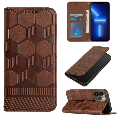 iPhone 15 Pro Max Football Texture Magnetic Leather Flip Phone Case - Brown