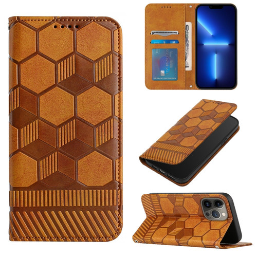 iPhone 15 Pro Max Football Texture Magnetic Leather Flip Phone Case - Khaki