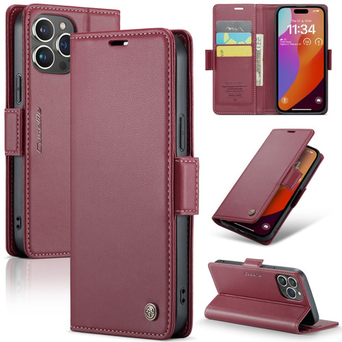 iPhone 15 Pro Max CaseMe 023 Butterfly Buckle Litchi Texture RFID Anti-theft Leather Phone Case - Wine Red