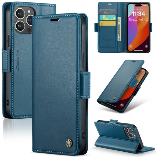 iPhone 15 Pro Max CaseMe 023 Butterfly Buckle Litchi Texture RFID Anti-theft Leather Phone Case - Blue