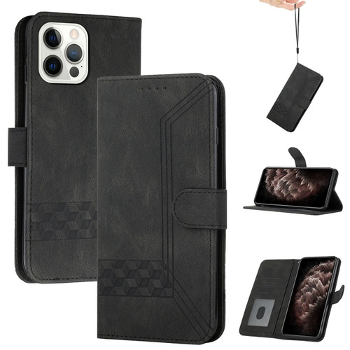 iPhone 15 Pro Max Cubic Skin Feel Flip Leather Phone Case - Black