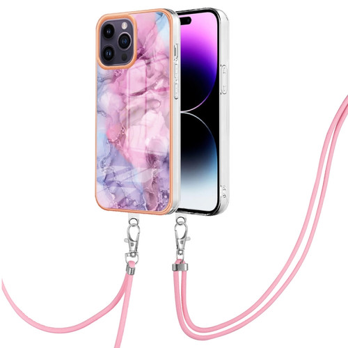 iPhone 15 Pro Max Electroplating Marble Dual-side IMD Phone Case with Lanyard - Pink 013
