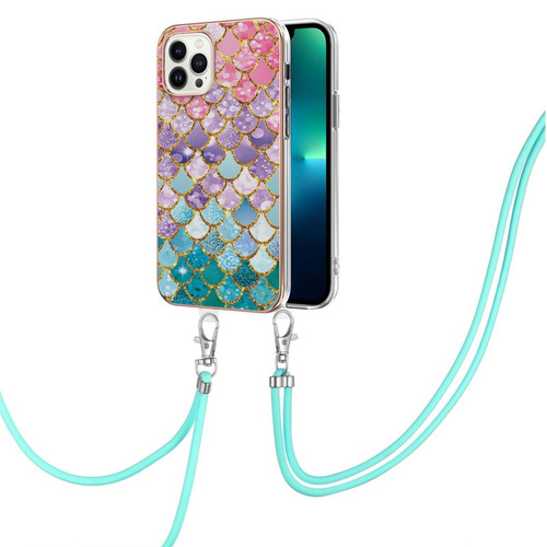 iPhone 15 Pro Max Electroplating Pattern IMD TPU Shockproof Case with Neck Lanyard - Colorful Scales