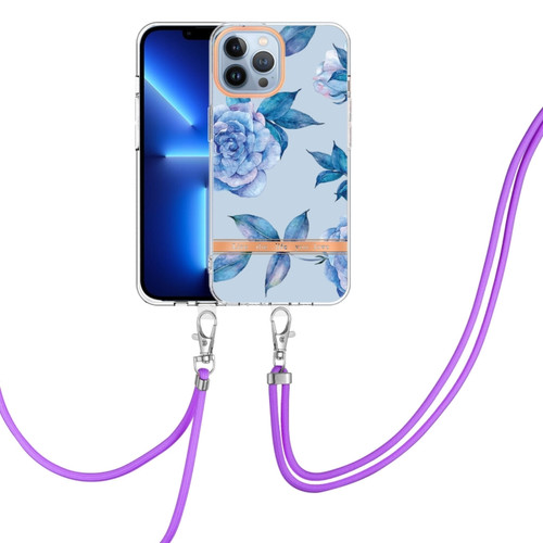 iPhone 15 Pro Max Flowers and Plants Series IMD TPU Phone Case with Lanyard - Blue Peony